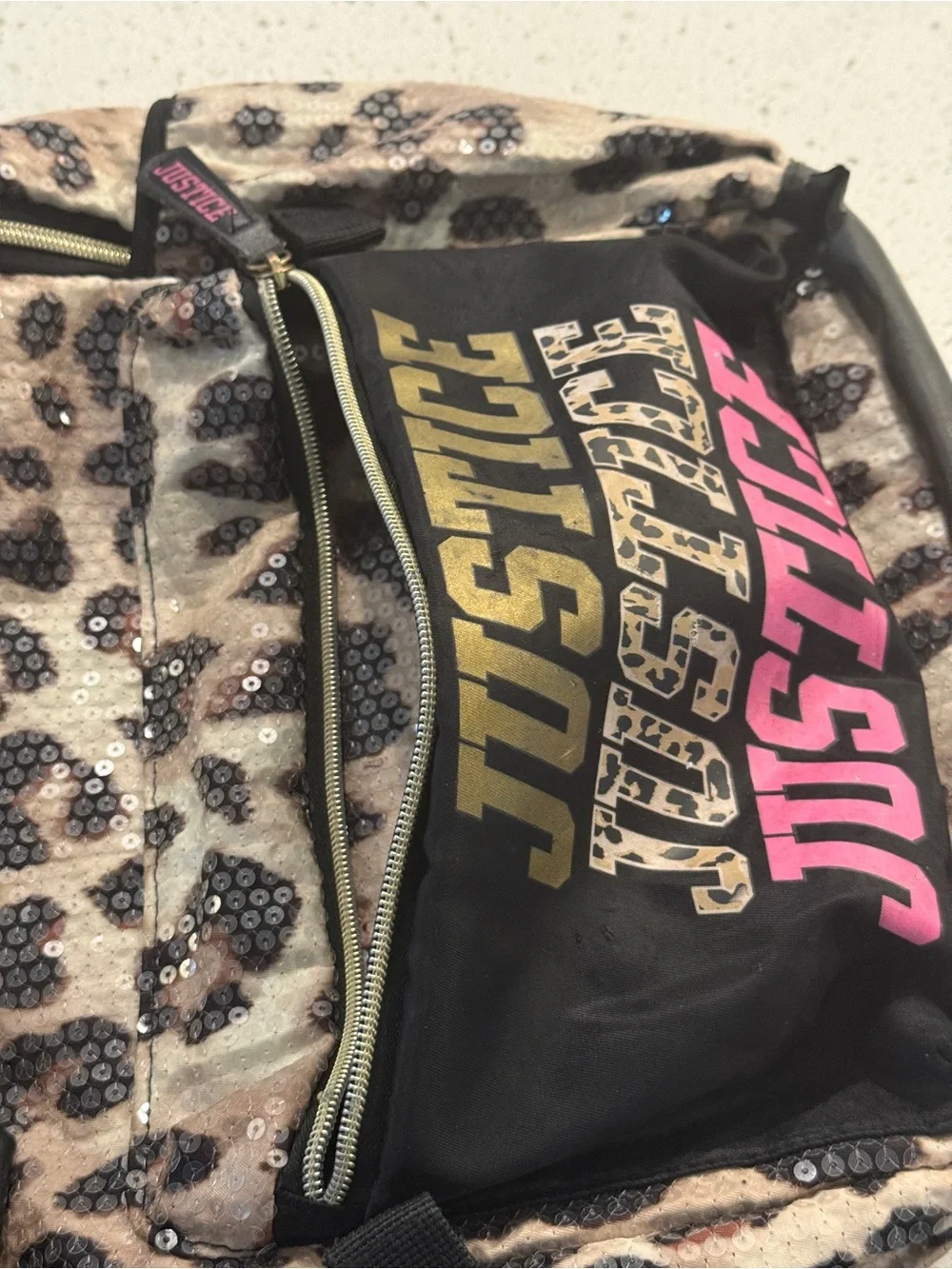 Justice Leopard Sequin Backpack with Pink & Gold Logo